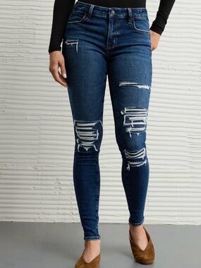 American Eagle AE Super Low-Rise Patched Jegging  Indie Dark Destroy 12 Reg.